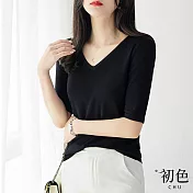 【初色】V領修身寬鬆針織衫-共5色-60842(F可選) F 黑色