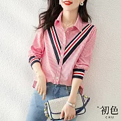 【初色】拼接感條紋襯衫-粉紅色-60618(M-2XL可選) M 粉紅色