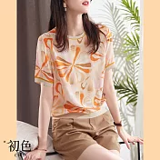 【初色】抽象花朵印花羅紋圓領短袖T恤-橘色-60472(M-2XL可選) M 橘色