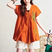 【潘克拉】拔染工藝寬鬆捲皺純棉開扣兩穿衫 TM580　 FREE 橘色