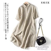 【AMIEE】日系棉麻格子連身洋裝(KDD-0202) L 米杏大格