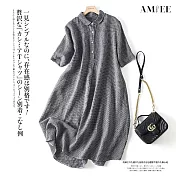 【AMIEE】日系棉麻格子連身洋裝(KDD-0202) L 黑白小格