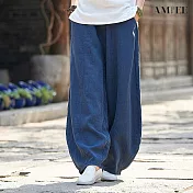【AMIEE】舒適寬鬆棉麻燈籠褲(KDP-9691) M 深藍
