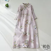 【初色】復古改良旗袍棉麻風印花洋裝-粉色-61863(M-2XL可選) XL 粉色
