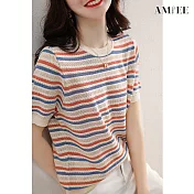 【AMIEE】清新撞色條紋針織衫(KDT-9714) S 橘色