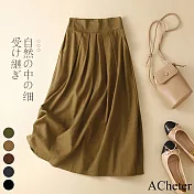【ACheter】 亞麻感顯瘦打折設計鬆緊大裙襬長裙# 112572 XL 卡其