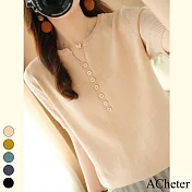 【ACheter】 簡約純色V領冰絲顯瘦短袖針織上衣# 112789 FREE 米杏色