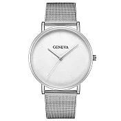 Geneva 日內瓦-帕克雋永時尚凹壓時標米蘭帶手錶 _銀殼白面銀帶