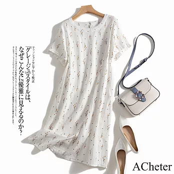 【ACheter】 優雅含羞草印花清爽寬鬆棉麻洋裝# 112402 M 白色