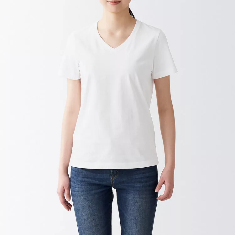 【MUJI 無印良品】女有機棉天竺V領短袖T恤 XL 白色