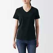 【MUJI 無印良品】女有機棉天竺V領短袖T恤 S 黑色