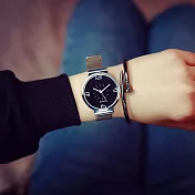 Watch-123 青春紀事-黑白典雅情侶米蘭帶手錶 _黑面銀帶