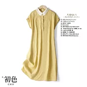 【初色】簡約棉麻風層次翻領洋裝-共4色-61979(M-2XL可選) XL 黃色