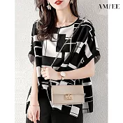 【AMIEE】輕熟風設計感上衣(KDT-2963B) S 黑白幾何圖
