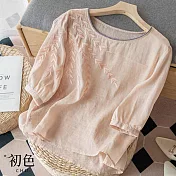 【初色】復古刺繡棉麻風上衣-共4色-62082(M-2XL可選) XL 粉色