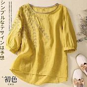 【初色】復古刺繡棉麻風上衣-共4色-62082(M-2XL可選) XL 黃色