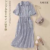 【AMIEE】優雅棉麻條紋短袖洋裝(KDD-C017) L 藍色條紋