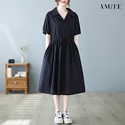 【AMIEE】氣質休閒百搭純色寬鬆洋裝(KDD-6240) L 黑色