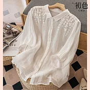 【初色】中大碼寬版刺繡五分袖棉麻風襯衫-共4色-62190(M-2XL可選) XL 白色