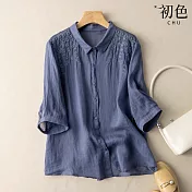 【初色】中大碼寬版刺繡五分袖棉麻風襯衫-共4色-62190(M-2XL可選) XL 藍色