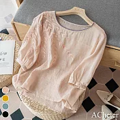 【ACheter】麥穗花刺繡寬鬆文藝復古棉麻上衣#112934 XL 粉紅色