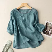 【ACheter】麥穗花刺繡寬鬆文藝復古棉麻上衣#112934 XL 藍色