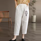 【ACheter】女孩手工刺繡大碼燈籠棉麻休閒褲#112937 XL 白色