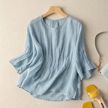 【ACheter】文藝皺褶別致設計棉麻寬鬆上衣#112959 M 藍色
