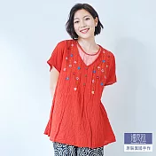 【潘克拉】假兩件手工花朵刺繡捲皺純棉小衫 TM587  FREE 紅色