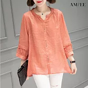 【AMIEE】日系寬鬆休閒棉麻上衣(KDT-4639) L 橙色