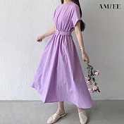 【AMIEE】INS甜美派對典雅連身洋裝(KDD-4761) M 紫色配腰帶