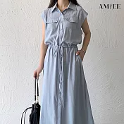 【AMIEE】日系設計感無袖翻領連身洋裝(KDD-7362) M 灰藍色