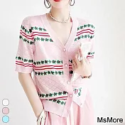 【MsMore】 花朵刺繡鏤空菱形格V領冰絲針織外罩# 112918 F 粉紅色