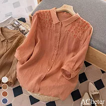 【ACheter】 文藝棉麻寬鬆薄款刺繡襯衫上衣# 112931 M 橘色