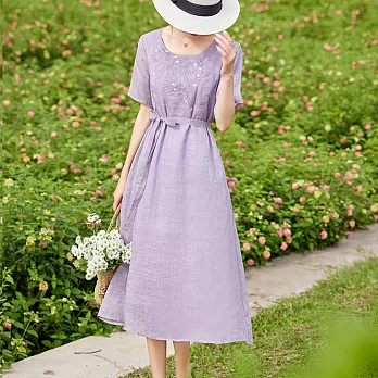 【ACheter】 日式皇家繡花純色棉麻洋裝# 112957 M 紫色