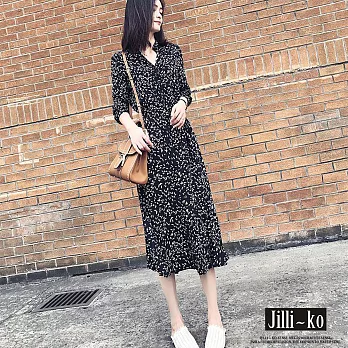 【Jilli~ko】新款韓版長款質感碎花V領收腰顯瘦連衣裙 J9090　 FREE 黑色