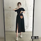 【Jilli~ko】新款時尚法式收腰顯瘦氣質中長款開衩連衣裙 J9100  FREE 黑色