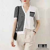 【Jilli~ko】韓系撞色不對稱條紋別緻冰絲針織衫 J9070  FREE 白色