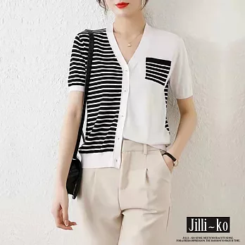 【Jilli~ko】韓系撞色不對稱條紋別緻冰絲針織衫 J9070  FREE 白色