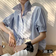 【Jilli~ko】法式設計感小眾泡泡袖顯瘦慵懶風翻領襯衫 J9087  FREE 淺藍色