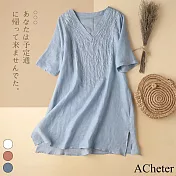【ACheter】 旅遊季V領刺繡減齡棉麻休閒長上衣# 112933 L 藍色