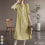 【ACheter】 韓版棉麻寬鬆氣質別致收腰洋裝# 112999 L 黃色