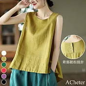 【ACheter】 氣質涼爽後背扣設計棉麻背心上衣# 113007 L 黃色