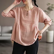 【ACheter】 日系公主拼接蕾絲邊棉麻七分袖上衣# 113008 XL 粉紅色