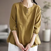 【ACheter】 日系公主拼接蕾絲邊棉麻七分袖上衣# 113008 L 黃色