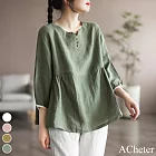 【ACheter】 日系公主拼接蕾絲邊棉麻七分袖上衣# 113008 M 綠色