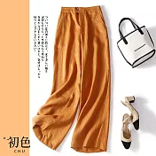 【初色】棉麻風不對稱高腰休閒寬褲-共3色-62205(M-2XL可選) M 橘紅色