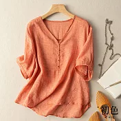 【初色】簡約棉麻風中大碼寬鬆短袖襯衫上衣-共4色-62212(M-2XL可選) XL 橘紅