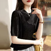 【AMIEE】法式冰絲針織涼感上衣(KDT-8387) L 黑色