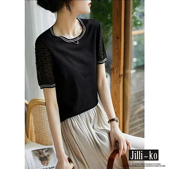 【Jilli~ko】韓版復古溫柔風氣質緹花鏤空短袖針織衫 J9115  FREE 黑色